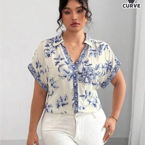 Elenzga Curve Chic Elegant French Floral Women's Blouse